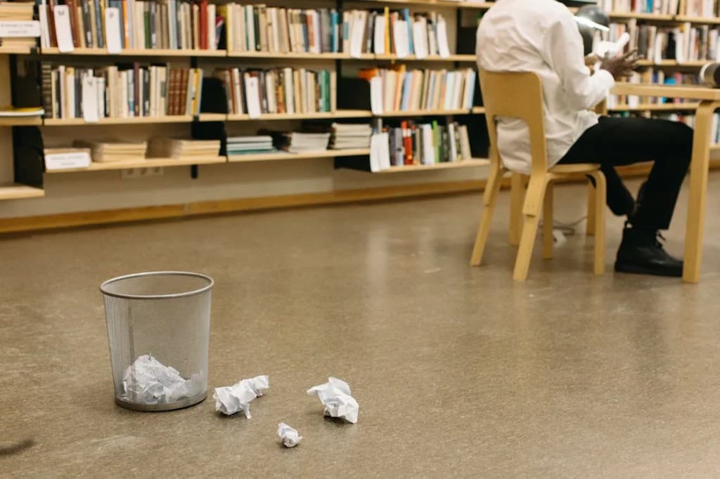 Crumpled paper in a library waste bin